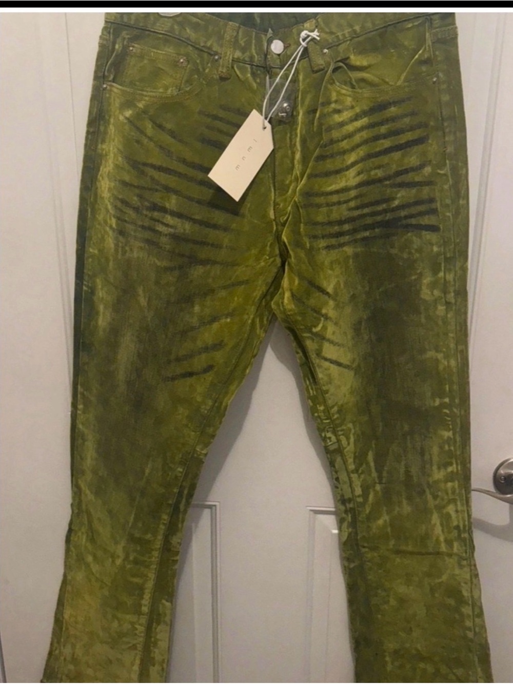 MNML Olive Green Corduroy Pants with Washed Stripe Detail